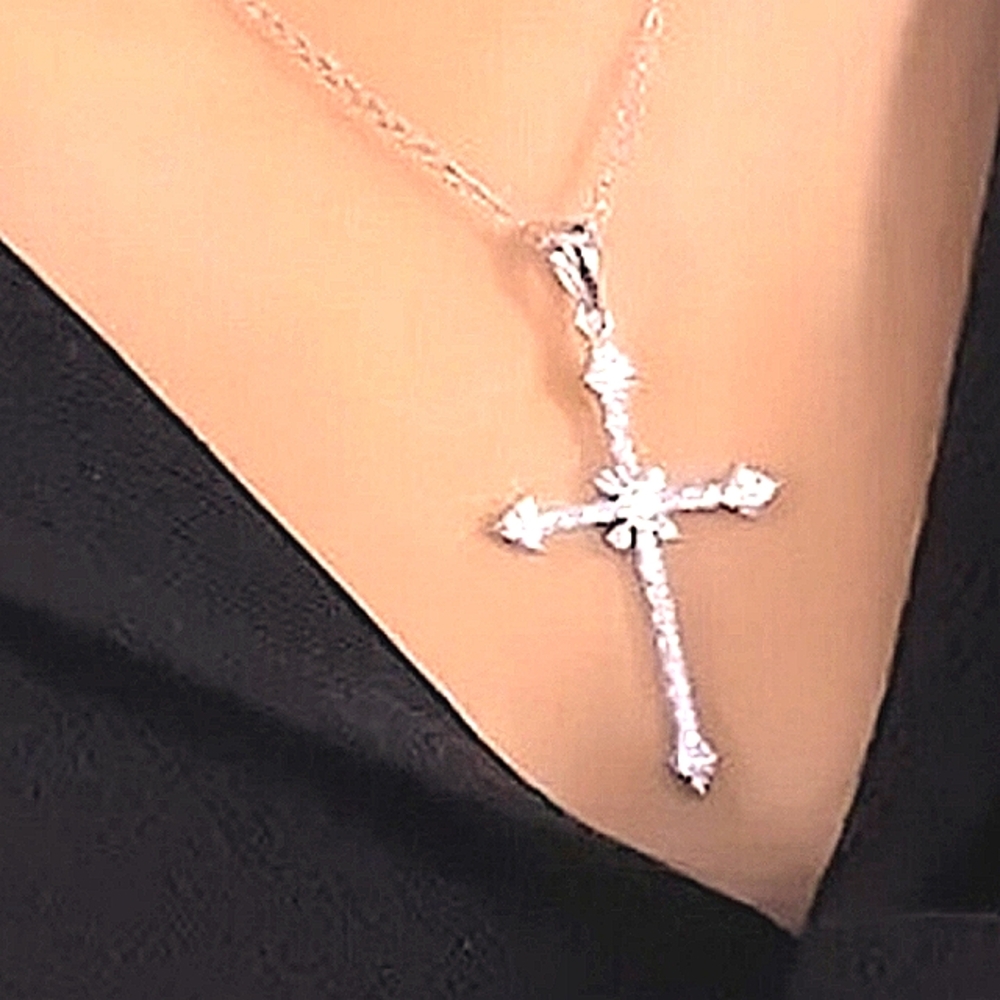 NEW Elegant Silver Cross Necklace with Crystal Rhinestones NWT - Picture 6 of 6